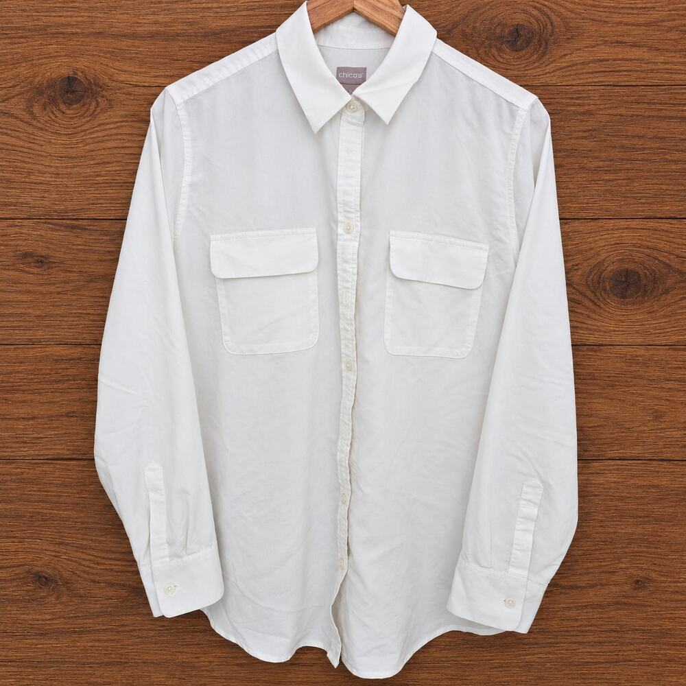 Chico's Button Front Shirt Women's Size 2 US 12/14 White Modal Blend Long Sleeve